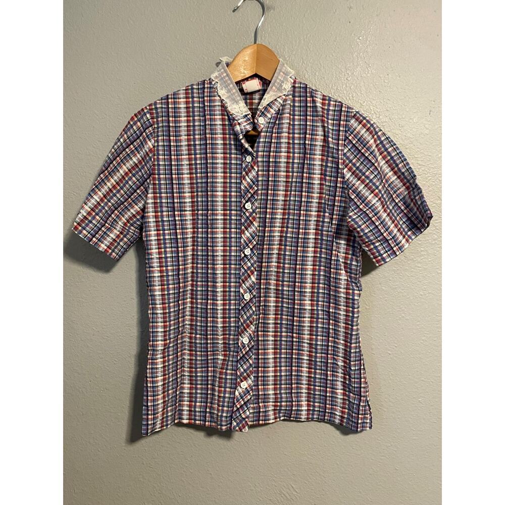 Vintage Stone Harbor Button Up Shirt Womens Medium Blue Plaid Lace Ruffle 70s